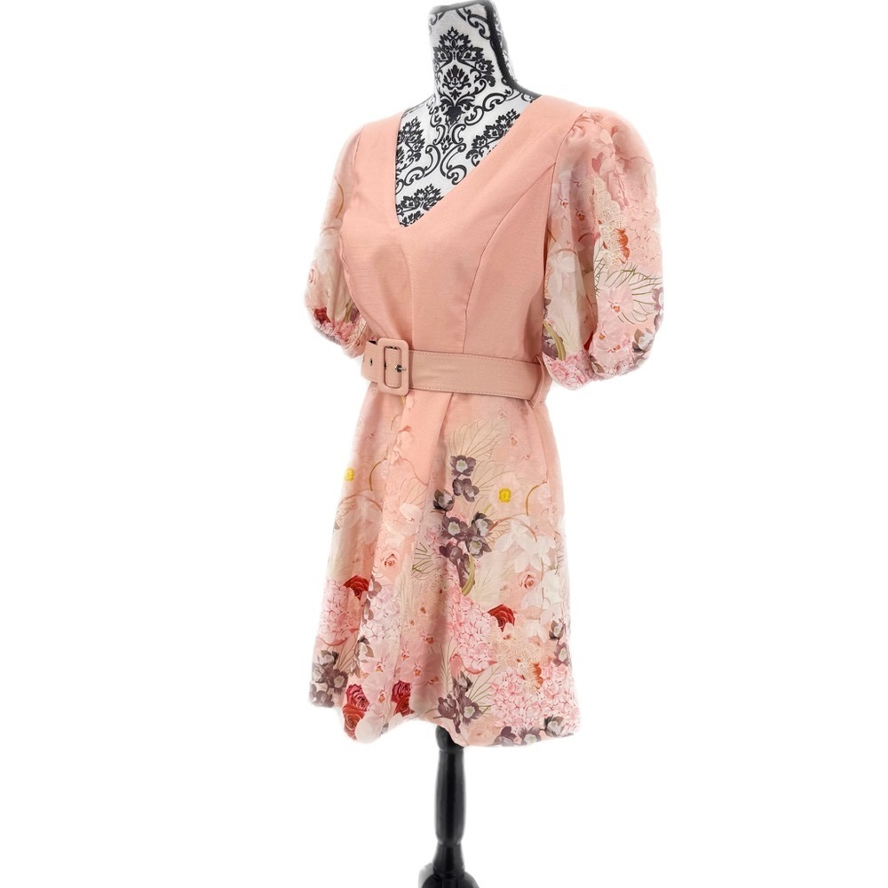 INA Pink Floral Puff Sleeve Belted Mini Dress | Romantic Spring Garden Party - Picture 7 of 10